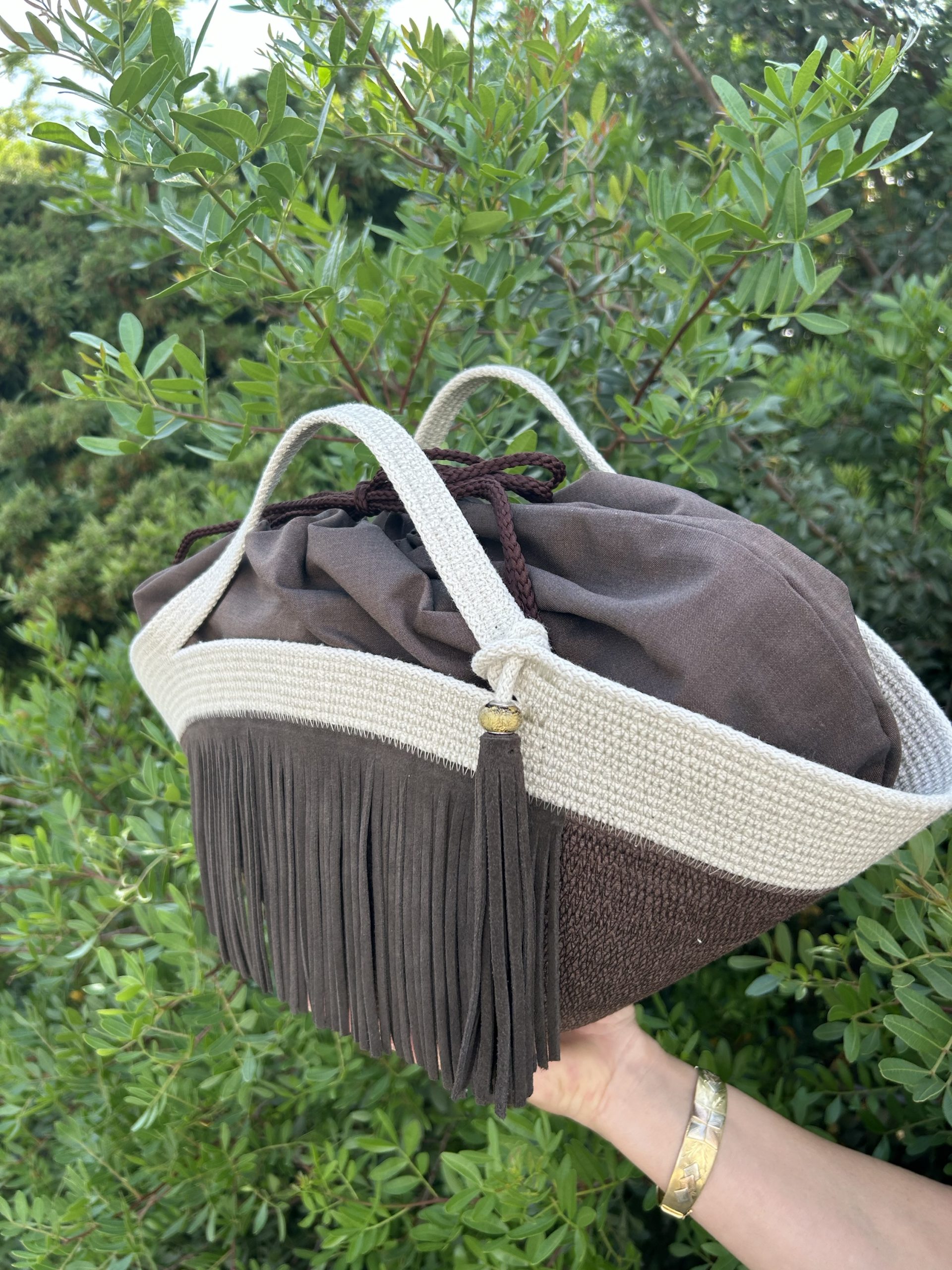 Borsa in corda con riporti in pelle
